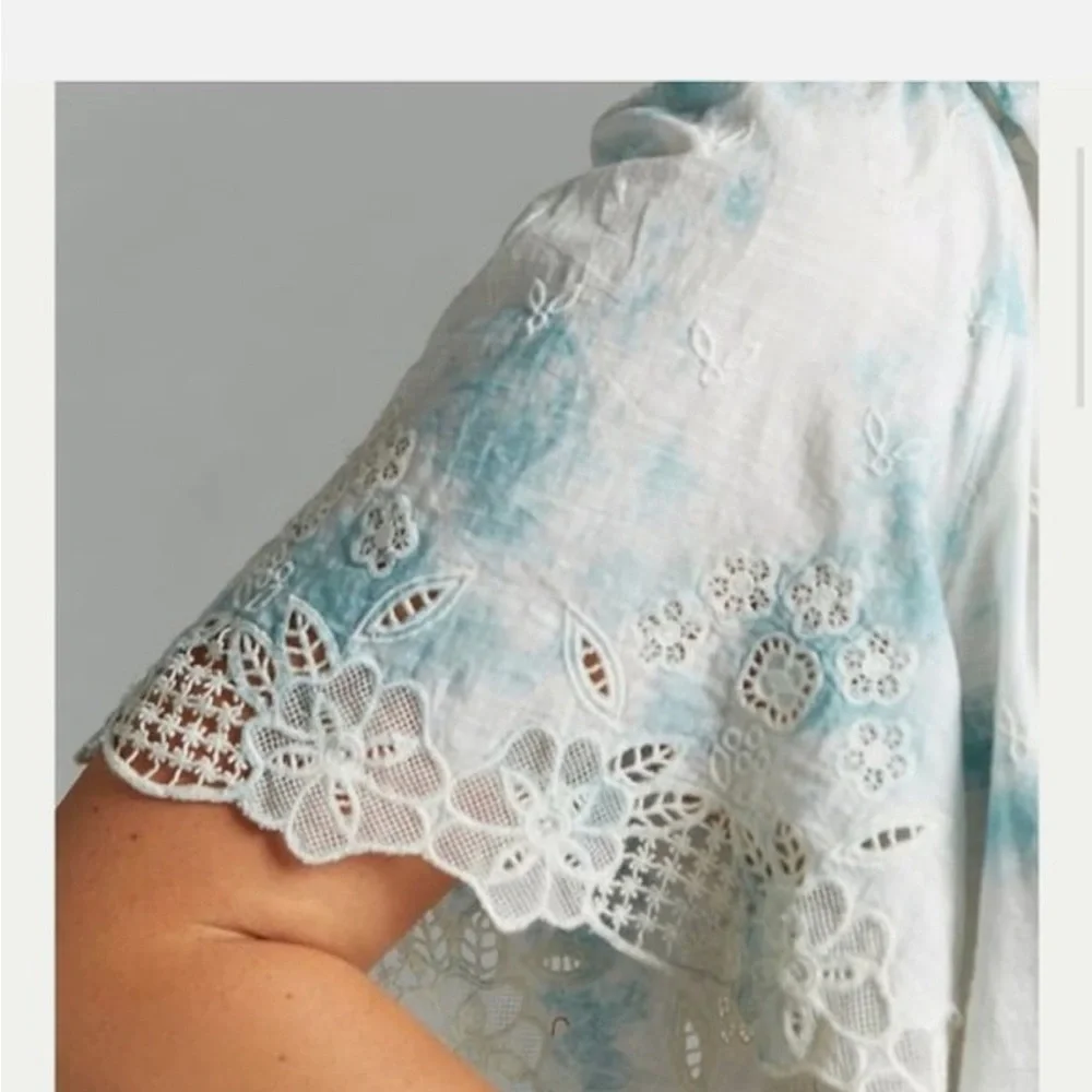 Anthropologie Embroidered Tie Dye Eyelet Lace Boho Puff‎ Sleeve Blouse
